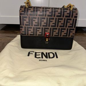Fendi Black and Brown FF Logo Leather Shoulder Bag